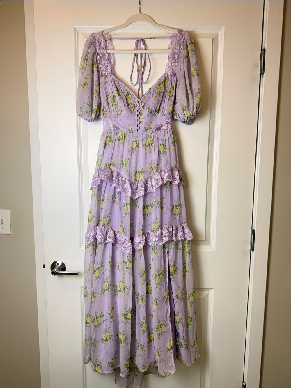 ASOS DESIGN Open Back Lace Insert Midi Tea Dress in Lilac Ditsy Floral US 6 - Picture 13 of 13